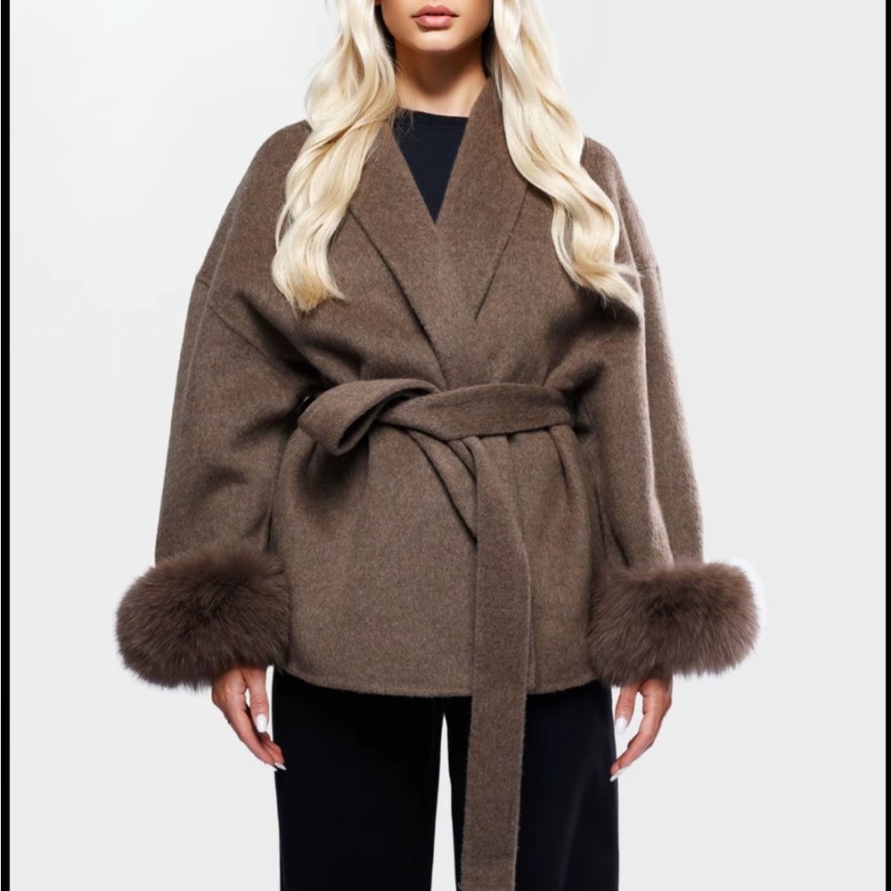 Brown luxurious faux fur trim sleeve cuffs belted oversized jacket coat